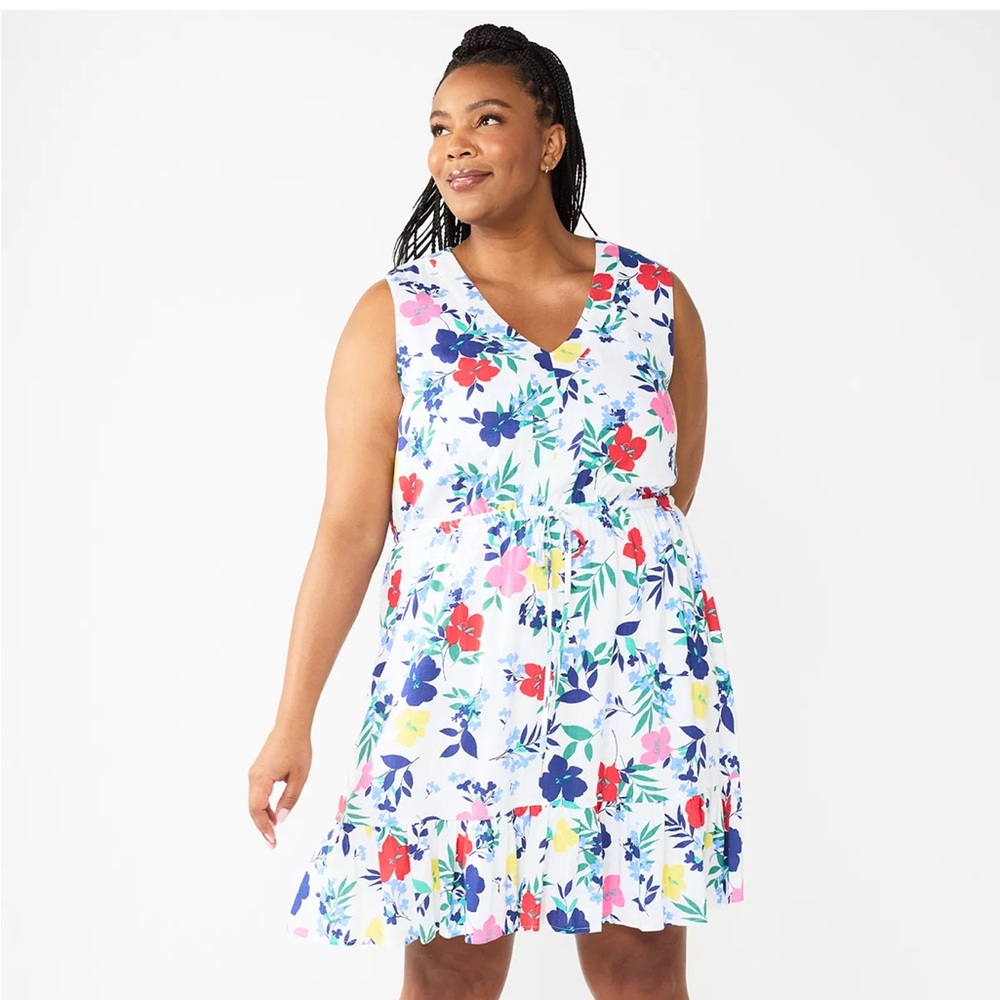 Draper James RSVP Linen Blend Floral Tie Waist Sleeveless Midi Dress 2X